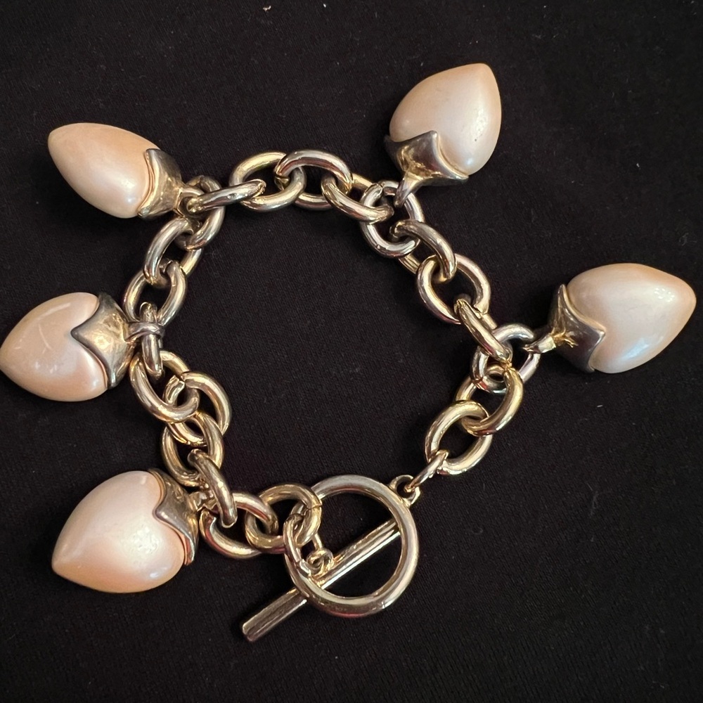 Joan Rivers Signed Vintage Bracelet Faux Pearl Heart Charms Toggle Gold tone.
